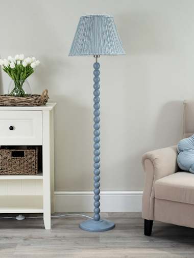 Powder Blue Bobbin Floor Lamp with Blue Stripe Shade