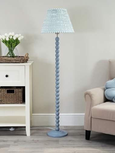 Powder Blue Bobbin Floor Lamp with Green Wave Shade