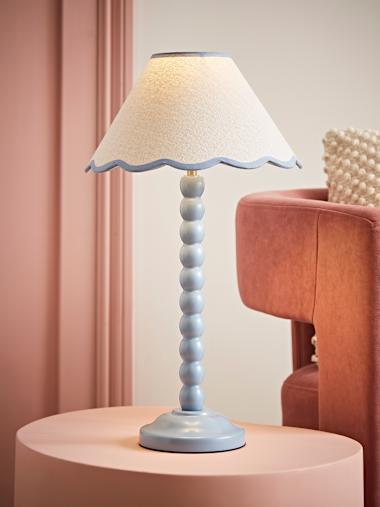 Bobbles Powder Blue Bobbin Table Lamp with Blue Trim Scallop Shade