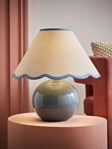 Eucalyptus Ceramic Table Lamp with Blue Trim Scallop Shade