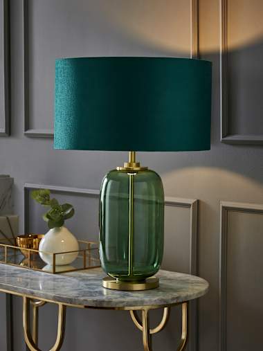 Leigh Forest Green Glass Table Lamp with Forest Green Velvet Shade