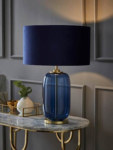 Leigh Navy Glass Table Lamp with Navy Velvet Shade