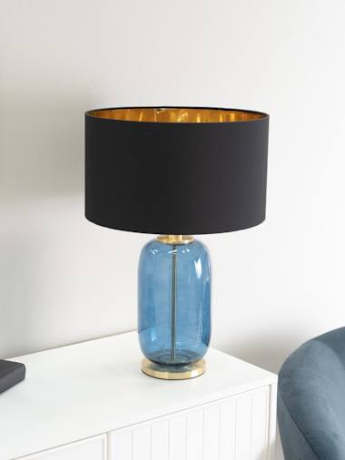 Navy Glass Table Lamp with Black and Gold Shade