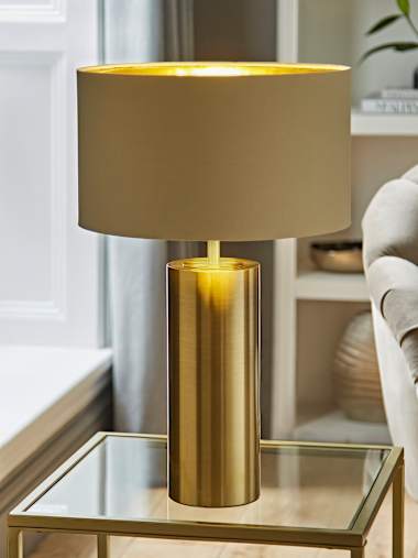 Lexy Antique Brass Touch Table Lamp with Beige and Gold Shade