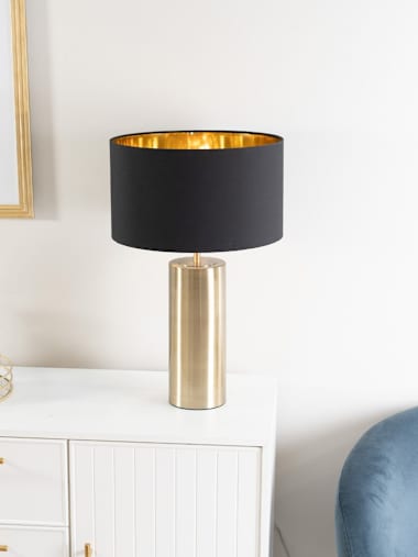 Antique Brass Touch Table Lamp with Black and Gold Shade