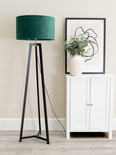 Black Tripod Floor Lamp with Forest Green Velvet Shade