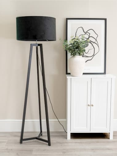 Black Tripod Floor Lamp with Black Velvet Shade