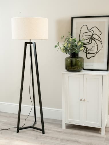 Black Tripod Floor Lamp with Cream Boucle Shade