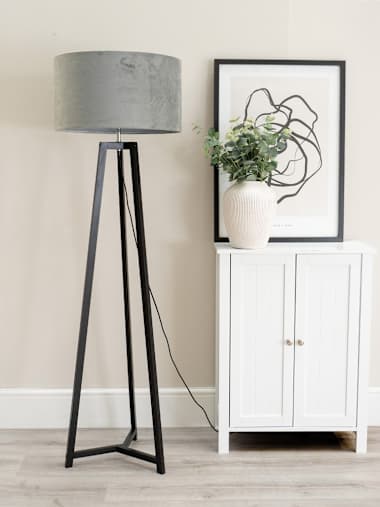 Black Tripod Floor Lamp with Grey Velvet Shade