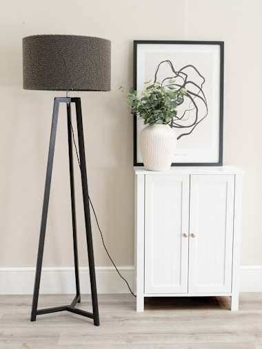 Black Tripod Floor Lamp with Charcoal Boucle Shade
