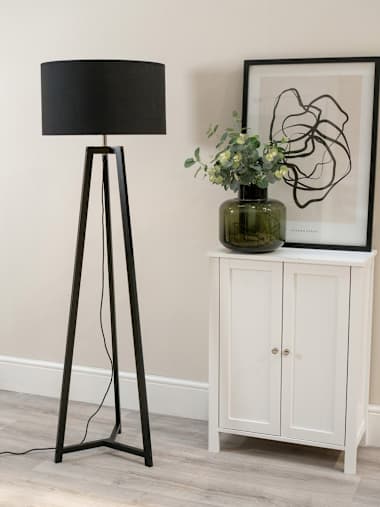 Black Tripod Floor Lamp with Black and Gold Shade