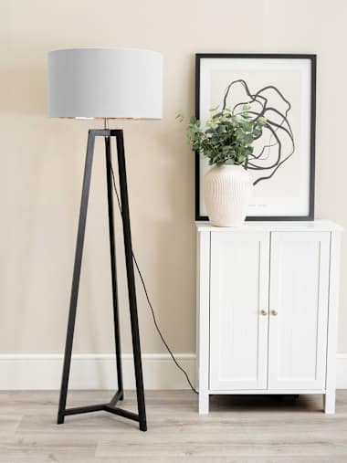 Black Tripod Floor Lamp with Grey and Gold Shade