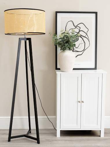 Black Tripod Floor Lamp with Cane Shade