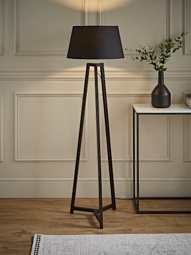 Black Tripod Floor Lamp with Black Tapered Shade