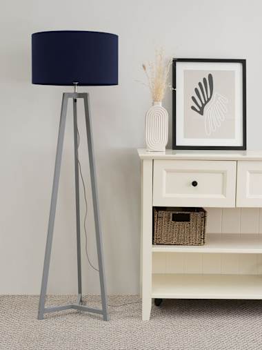 Lottie Grey Wood Tripod Floor Lamp with Navy Shade