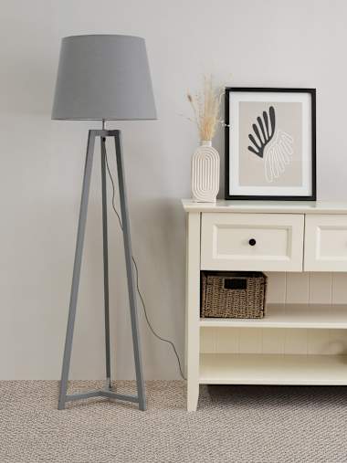 Lottie Grey Wood Tripod Floor Lamp with Grey Tapered Shade