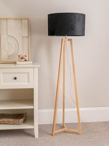 Natural Wood Tripod Floor Lamp with Black Velvet Shade