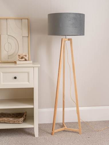 Natural Wood Tripod Floor Lamp with Grey Velvet Shade