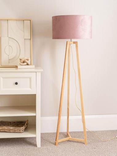 Natural Wood Tripod Floor Lamp with Blush Velvet Shade