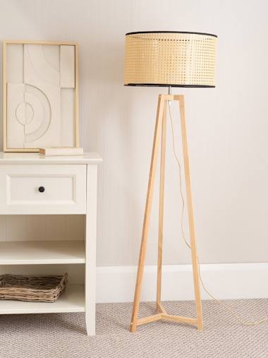 Lottie Natural Wood Tripod Floor Lamp with Wicker Shade