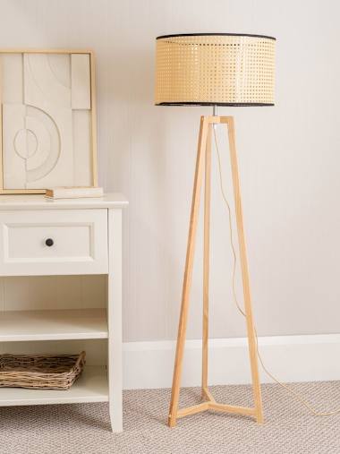 Natural Wood Tripod Floor Lamp with Cane Shade