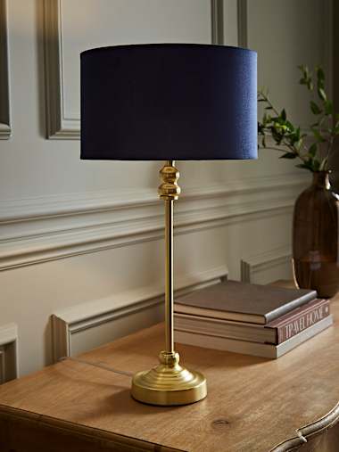 Maggie Gold Candlestick Table Lamp with Navy Velvet Shade