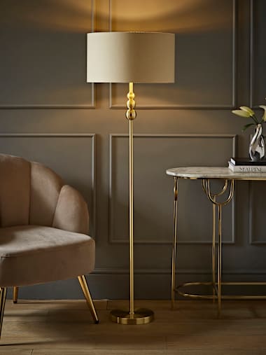 Stacked Brushed Gold Floor Lamp with Beige and Gold Shade
