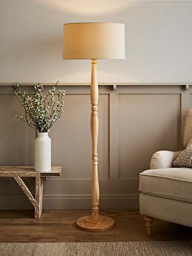 Victoria Light Wood Candlestick Floor Lamp with Natural Shade