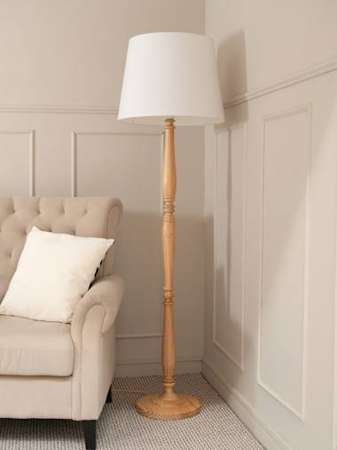 Light Wood Candlestick Floor Lamp with White Tapered Shade