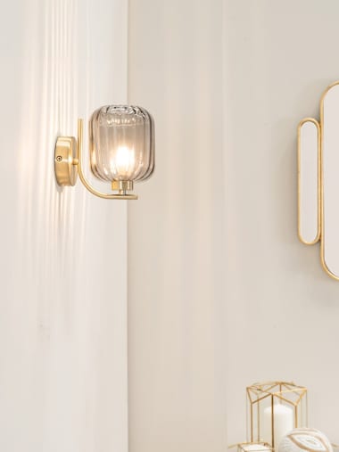 Pair of Brushed Gold and Ribbed Glass Shade Wall Lights
