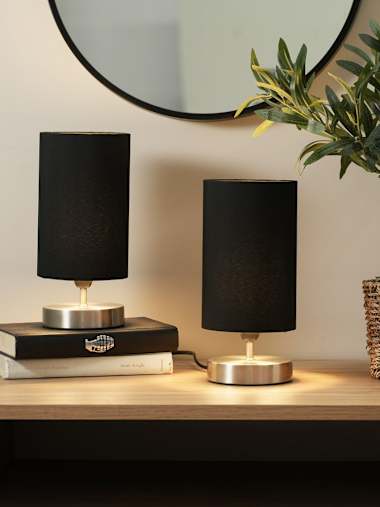 Pair of Brushed Chrome Touch Table Lamps with Black Shades