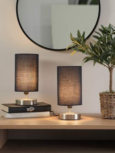 Pair of Brushed Chrome Touch Table Lamps with Navy Shades