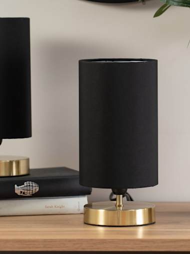 Francis Pair of Brushed Gold Touch Table Lamps with Black Shades