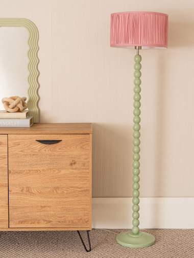 Sage Green Bobbin Floor Lamp with Blush Pink Pleated Shade
