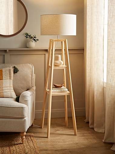 Natural Wood Tripod Floor Lamp Base with White Trim Linen Shade