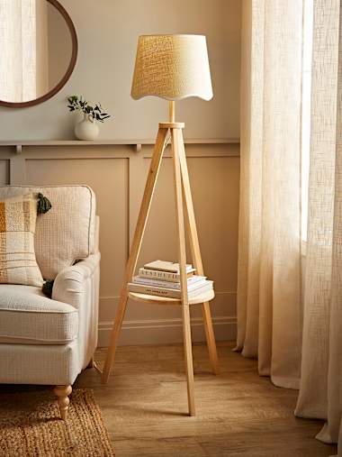 Light Wood Tripod Floor Lamp with White Trim Scalloped Shade