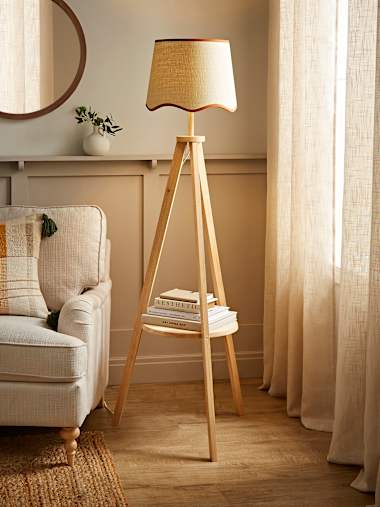 Light Wood Tripod Floor Lamp with Rust Trim Scalloped Shade
