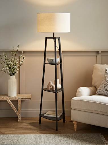 Hiru Matte Black Tripod Floor Lamp with White Trim Linen Shade