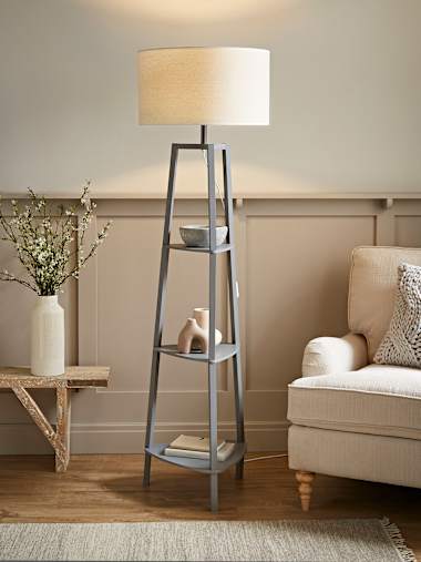 Grey Tripod Floor Lamp with White Trim Linen Shade