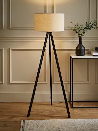 Barbro Black Wood Tripod Floor Lamp with White Trim Linen Shade