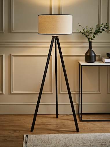 Barbro Black Wood Tripod Floor Lamp with Black Trim Linen Shade
