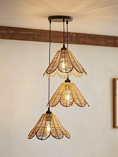 Vine Flower Matte Black 3 Drop Cluster Ceiling Light with Rattan Flower Shades