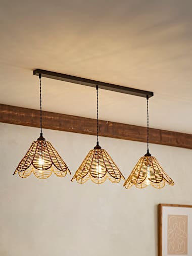 Vine Flower Matte Black 3 Drop Bar Ceiling Light with Rattan Flower Shades