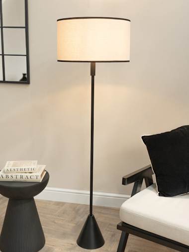 Mitch Black Triangle Floor Lamp with Black Trim Linen Shade
