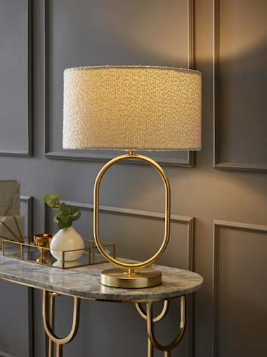 Antonia Brushed Gold Oval Table Lamp with Cream Boucle Shade