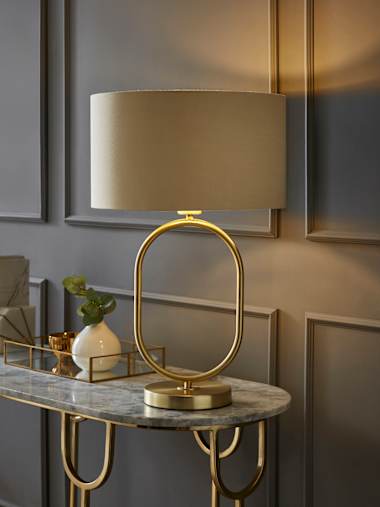 Antonia Brushed Gold Oval Table Lamp with Beige and Gold Shade