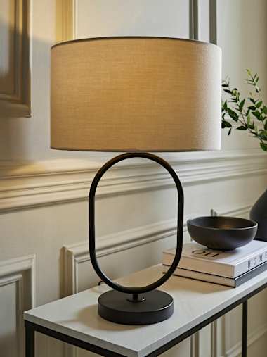 Antonia Matte Black Oval Table Lamp with Natural Fabric Shade
