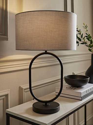 Antonia Matte Black Oval Table Lamp with Grey Fabric Shade