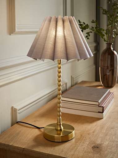 Maeve Brushed Gold Bobbin Table Lamp with Grey Tapered Pleated Shade