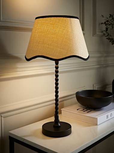 Maeve Black Bobbin Table Lamp with Black Trim Scallop Shade